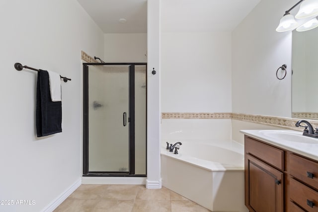 bathroom featuring tile patterned floors, vanity, and plus walk in shower