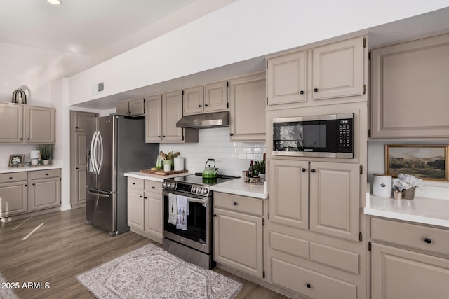 kitchen featuring tasteful backsplash, appliances with stainless steel finishes, and light wood-type flooring