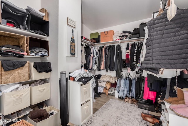 walk in closet featuring lofted ceiling and wood-type flooring