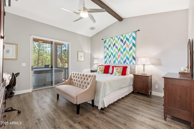 bedroom featuring access to exterior, visible vents, vaulted ceiling with beams, and wood finished floors
