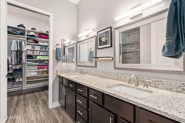 full bathroom with double vanity, wood finished floors, a spacious closet, and a sink