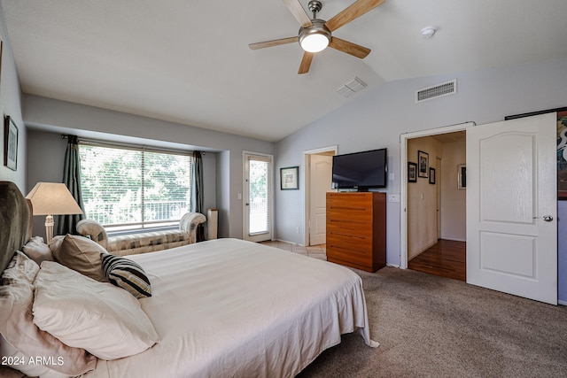 bedroom with lofted ceiling, access to exterior, ceiling fan, and carpet flooring