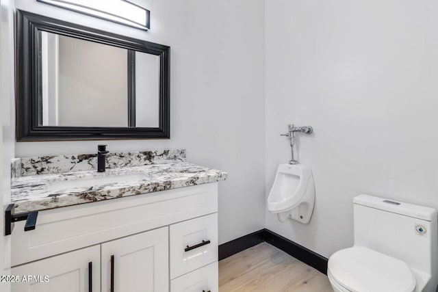 bathroom with vanity, wood-type flooring, and toilet