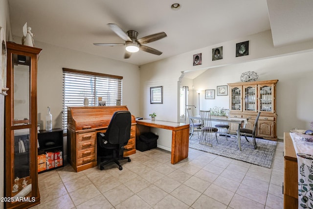 tiled office space with ceiling fan