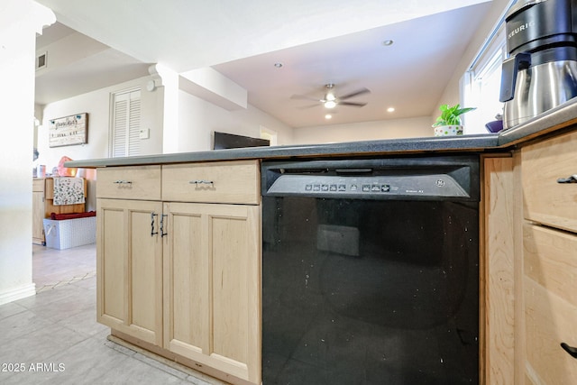 kitchen featuring ceiling fan, dishwasher, and light brown cabinets