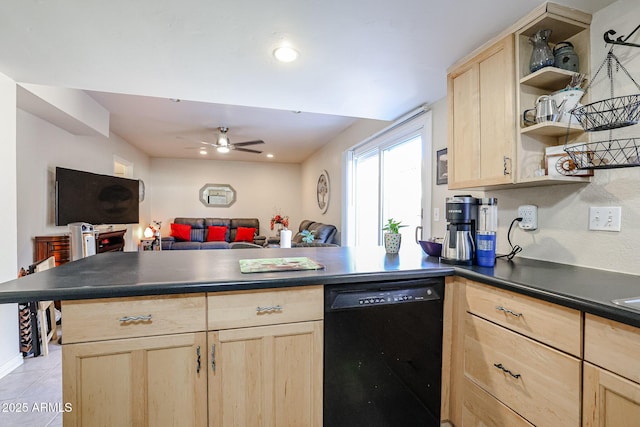 kitchen with dishwasher, light brown cabinets, kitchen peninsula, light tile patterned flooring, and ceiling fan