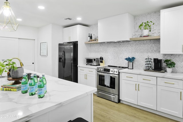 3139 N 40th St, Phoenix, AZ 85018 - kitchen featuring open shelves, electric stove, refrigerator with ice dispenser, white cabinets, and recessed lighting