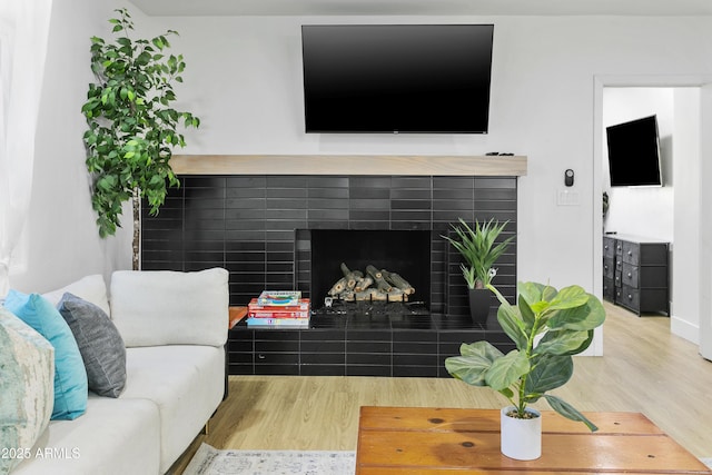 3139 N 40th St, Phoenix, AZ 85018 - living room with wood finished floors and a tile fireplace
