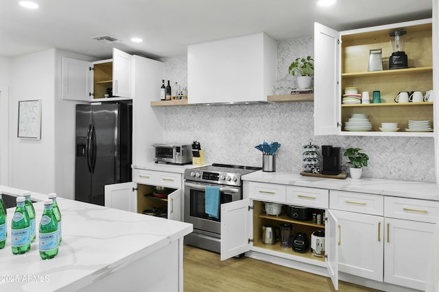 3139 N 40th St, Phoenix, AZ 85018 - kitchen featuring open shelves, stainless steel electric range oven, fridge with ice dispenser, white cabinetry, and recessed lighting