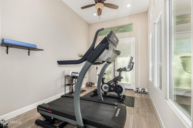 exercise room with plenty of natural light, ceiling fan, and light wood-type flooring