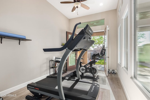 exercise area featuring vaulted ceiling, plenty of natural light, ceiling fan, and light hardwood / wood-style floors