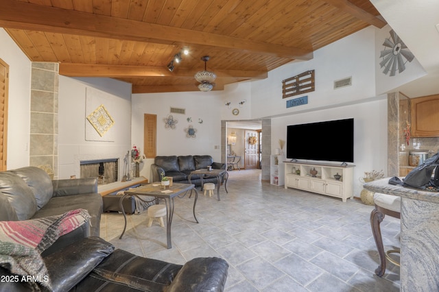 1285 E Mcmurray Blvd, Casa Grande, AZ 85122 - living room with wooden ceiling with exposed beams, light stone finish flooring, and a fireplace