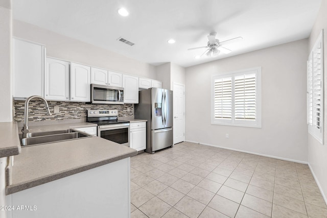 kitchen featuring sink, white cabinetry, decorative backsplash, appliances with stainless steel finishes, and ceiling fan