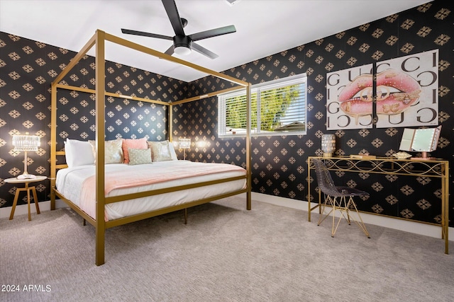 bedroom with ceiling fan and carpet