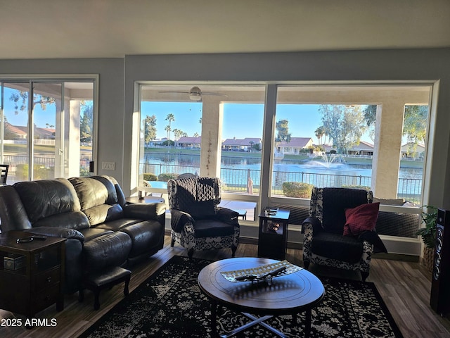 living room with a water view, dark hardwood / wood-style floors, and a healthy amount of sunlight