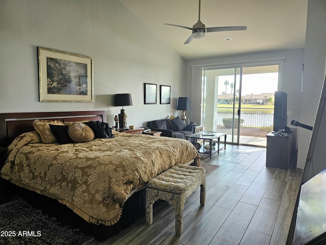 bedroom with access to outside, high vaulted ceiling, and ceiling fan