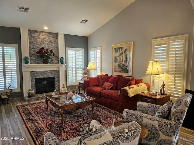 living room with a fireplace, hardwood / wood-style floors, and lofted ceiling