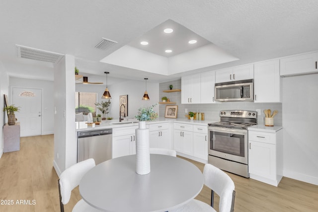 15435 N 28th St Unit 3, Phoenix, AZ 85032 - kitchen featuring stainless steel appliances, a sink, a raised ceiling, baseboards, and open shelves