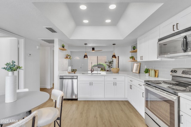 15435 N 28th St Unit 3, Phoenix, AZ 85032 - kitchen featuring appliances with stainless steel finishes, open shelves, a raised ceiling, light wood finished floors, and light countertops