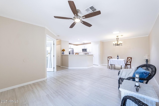 14300 W Bell Rd Unit 222, Surprise, AZ 85374 - living room featuring crown molding, visible vents, light wood-style flooring, baseboards, and ceiling fan with notable chandelier