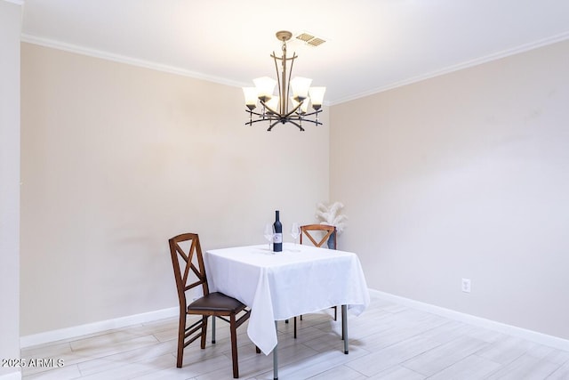 14300 W Bell Rd Unit 222, Surprise, AZ 85374 - dining space with an inviting chandelier, light wood-type flooring, visible vents, baseboards, and ornamental molding