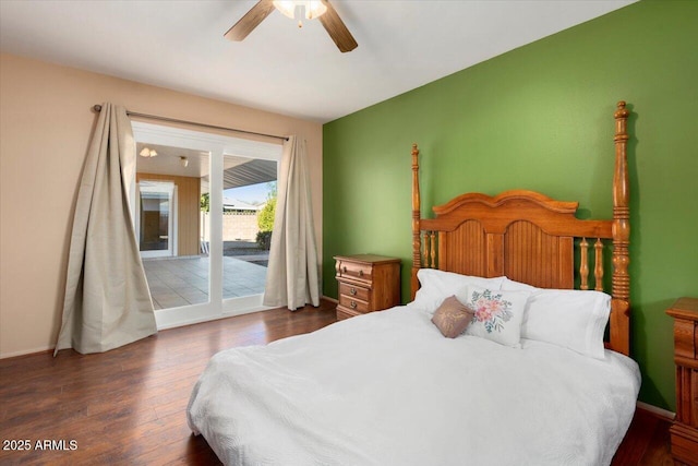 bedroom featuring ceiling fan, access to outside, and dark wood-type flooring