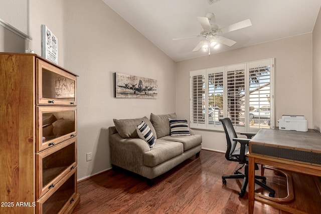 office space featuring dark wood-type flooring, ceiling fan, and vaulted ceiling