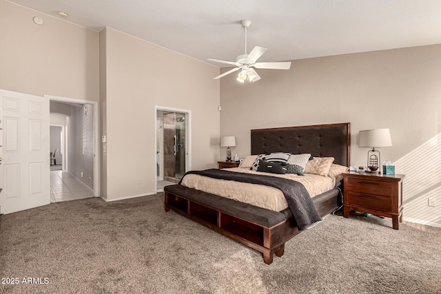 bedroom with ensuite bath, carpet floors, high vaulted ceiling, and ceiling fan