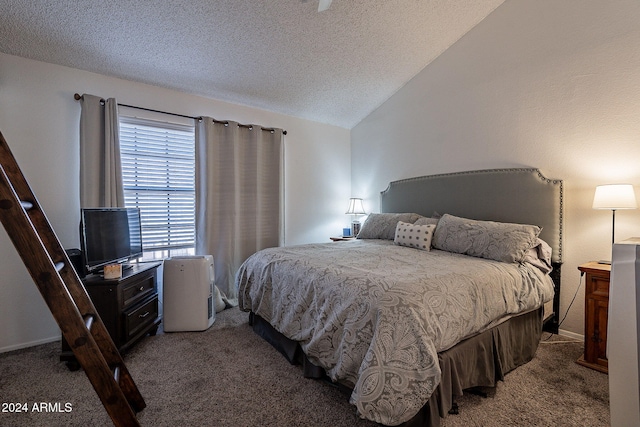 carpeted bedroom featuring vaulted ceiling and a textured ceiling