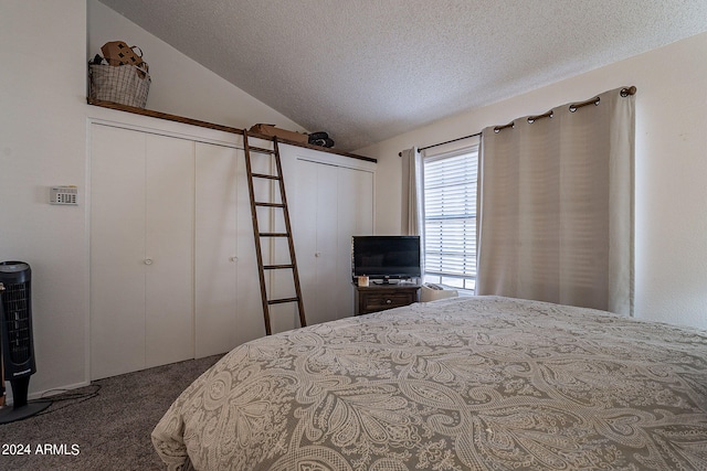 carpeted bedroom with a textured ceiling and vaulted ceiling