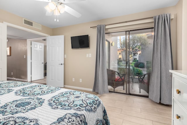 bedroom featuring access to outside and ceiling fan