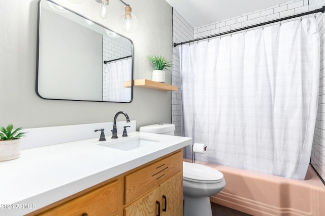 full bathroom with vanity, toilet, and shower / bathtub combination with curtain