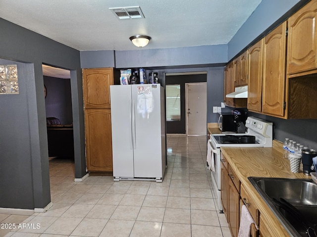 4507 E Saint Catherine Ave, Phoenix, AZ 85042 - kitchen featuring white appliances, under cabinet range hood, light tile patterned floors, and a sink