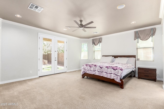 20709 W Delaney Dr, Buckeye, AZ 85396 - carpeted bedroom with access to exterior, recessed lighting, crown molding, french doors, and ceiling fan