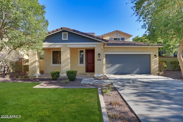 20709 W Delaney Dr, Buckeye, AZ 85396 - view of front facade featuring a garage, stucco siding, driveway, a front yard, and a porch