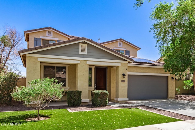 20709 W Delaney Dr, Buckeye, AZ 85396 - traditional home featuring roof mounted solar panels, an attached garage, concrete driveway, a front yard, and stucco siding
