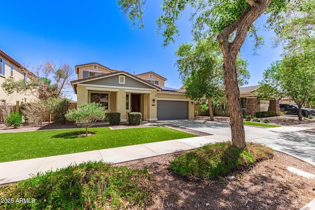 20709 W Delaney Dr, Buckeye, AZ 85396 - view of front facade featuring driveway, solar panels, stucco siding, an attached garage, and a front yard