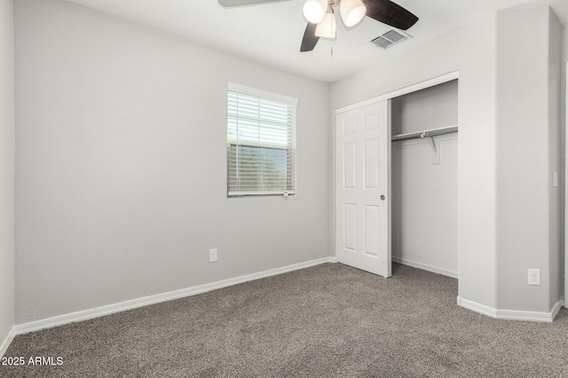 810 E Agua Fria Ln, Avondale, AZ 85323 - unfurnished bedroom featuring baseboards, carpet floors, visible vents, a ceiling fan, and a closet