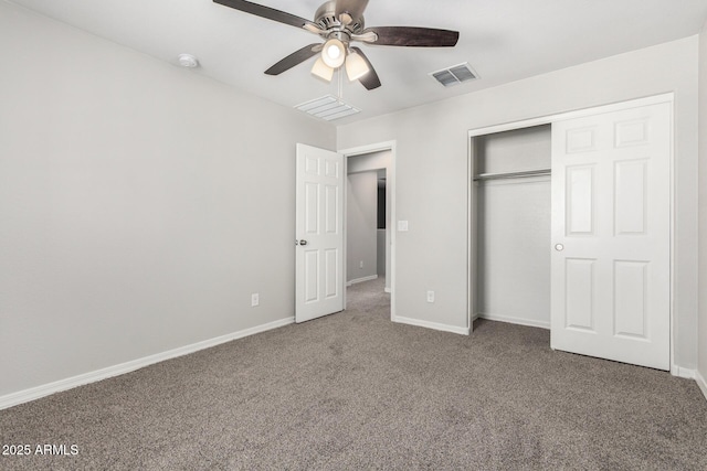 810 E Agua Fria Ln, Avondale, AZ 85323 - unfurnished bedroom featuring a closet, carpet floors, baseboards, visible vents, and ceiling fan