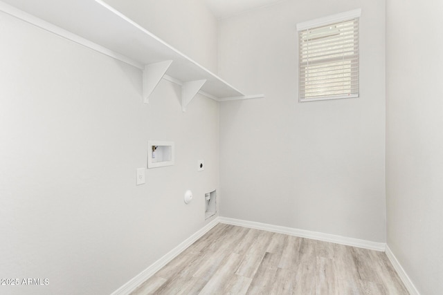 810 E Agua Fria Ln, Avondale, AZ 85323 - clothes washing area featuring electric dryer hookup, light wood-style flooring, laundry area, baseboards, and hookup for a washing machine
