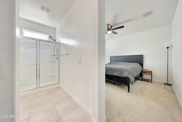 bedroom with a ceiling fan, baseboards, and visible vents