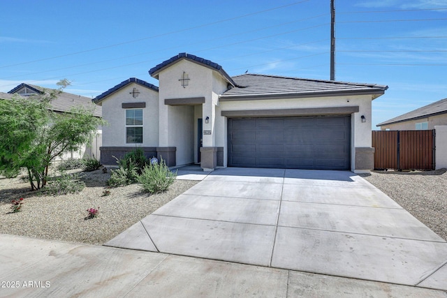 single story home featuring fence, a tile roof, a garage, stucco siding, and driveway