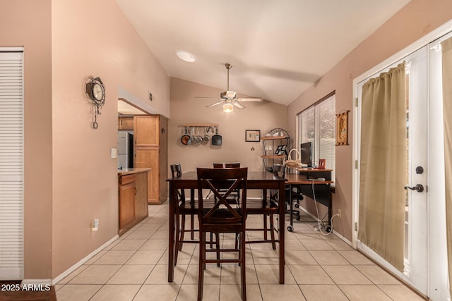 1382 N Tamarisk Dr, Chandler, AZ 85224 - dining room featuring vaulted ceiling, ceiling fan, light tile patterned flooring, and a desk