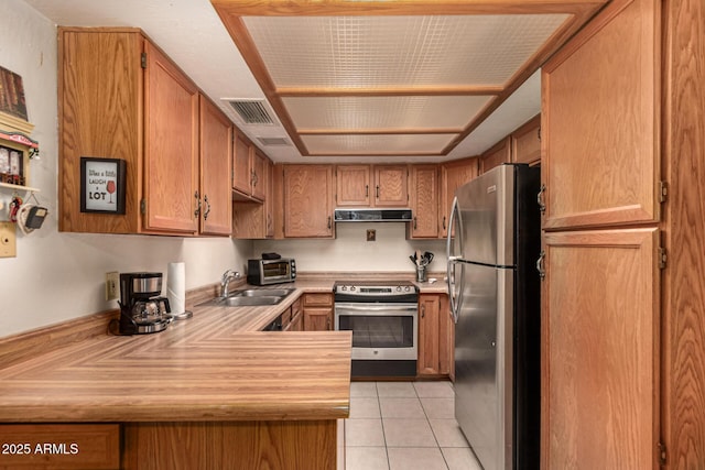 1382 N Tamarisk Dr, Chandler, AZ 85224 - kitchen featuring stainless steel appliances, under cabinet range hood, light countertops, a peninsula, and light tile patterned flooring