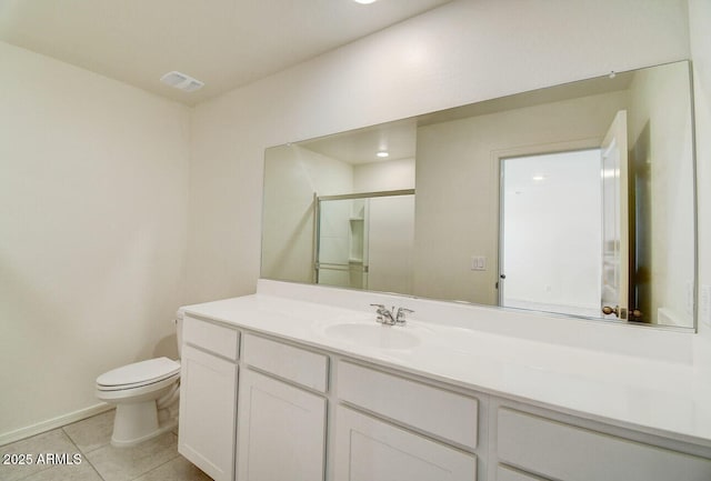 bathroom featuring a stall shower, visible vents, toilet, tile patterned floors, and vanity