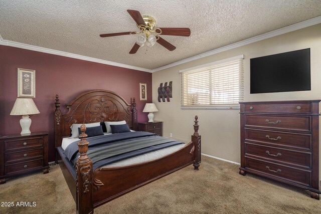 5813 N 39th Ave, Phoenix, AZ 85019 - bedroom featuring carpet, crown molding, a textured ceiling, and ceiling fan