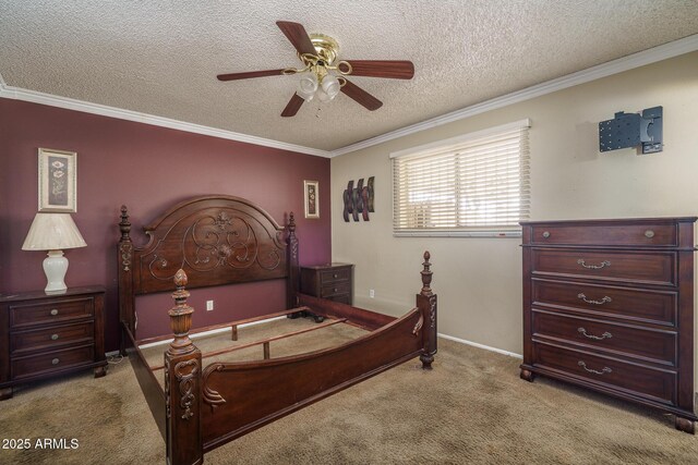 5813 N 39th Ave, Phoenix, AZ 85019 - bedroom with carpet floors, crown molding, a textured ceiling, ceiling fan, and baseboards