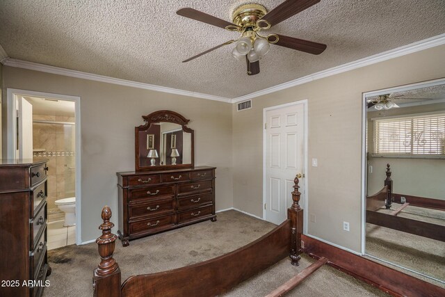 5813 N 39th Ave, Phoenix, AZ 85019 - carpeted bedroom with a textured ceiling, crown molding, baseboards, ceiling fan, and connected bathroom