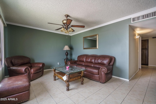 5813 N 39th Ave, Phoenix, AZ 85019 - living area with ceiling fan, crown molding, light tile patterned floors, a textured ceiling, and baseboards