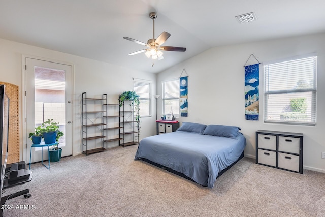 4218 W Palace Station Rd, New River, AZ 85087 - carpeted bedroom with lofted ceiling, baseboards, and a ceiling fan